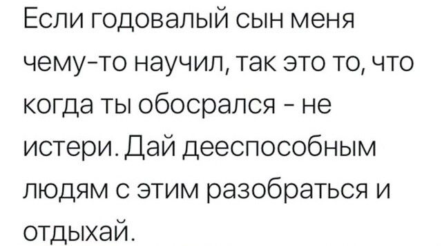 Если годовалый сын меня чему то научил так это то что когда ты обосрался не истери Дай дееспособным людям с этим разобраться и отдыхай