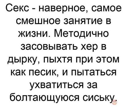 Секс наверное самое смешное занятие в жизни Методично засовывать хер в дырку пыхтя при этом как песик и пытаться ухватиться за болтающуюся сиську