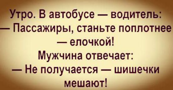 ИО В автобусе водител Пассажиры станьте поплотн елочкой Мужчина отвечает Не получается шишечки мешают