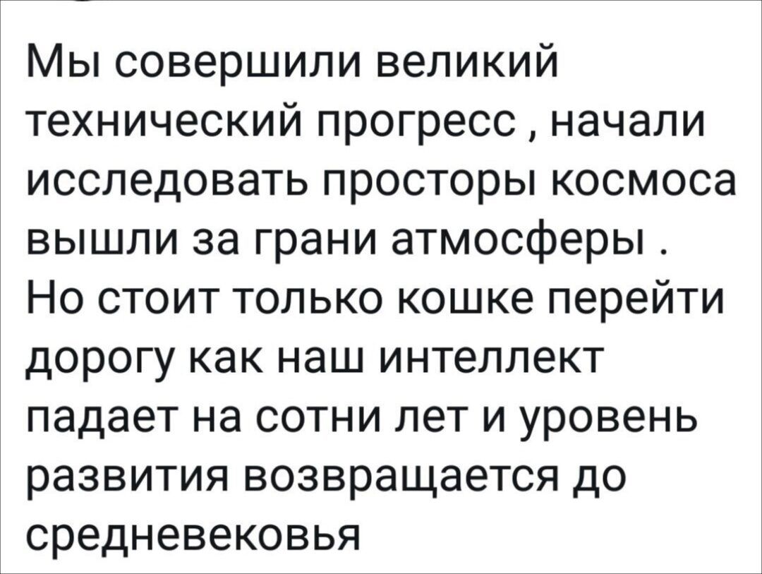 Мы совершили великий технический прогресс начали исследовать просторы космоса вышли за грани атмосферы Но стоит только кошке перейти дорогу как наш интеллект падает на сотни лет и уровень развития возвращается до средневековья