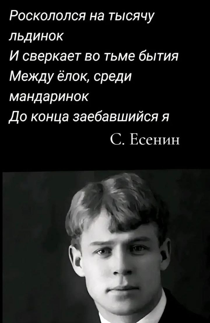 Роскололся на тысячу лЬдИНоК И сверкает во тьме бытия Между ёлок среди мандаринок До конца заебавшийся я С Есенин