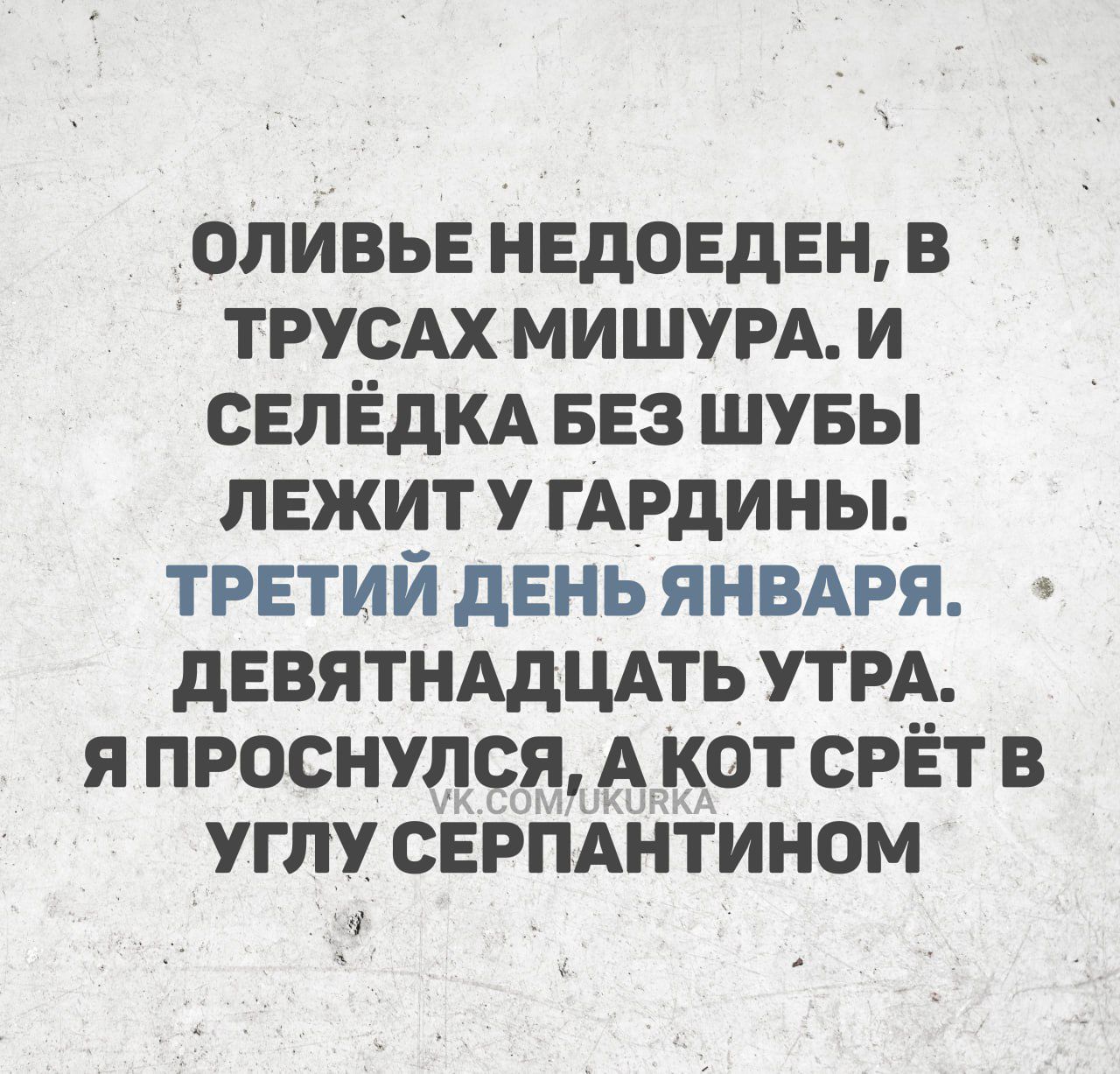 ОЛИВЬЕ НЕДОЕДЕН В ТРУСАХ МИШУРА И СЕЛЁДКА БЕЗ ШУБЫ ЛЕЖИТ У ГАРДИНЫ ТРЕТИЙ ДЕНЬ ЯНВАРЯ ДЕВЯТНАДЦАТЬ УТРА Я ПРОСНУЛСЯ А КОТ СРЁТ В УГЛУ СЕРПАНТИНОМ