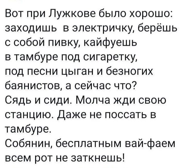 Вот при Лужкове было хорошо заходишь в электричку берёшь с собой пивку кайфуешь в тамбуре под сигаретку под песни цыган и безногих баянистов а сейчас что Сядь и сиди Молча жди свою станцию Даже не поссать в тамбуре Собянин бесплатным вай фаем всем рот не заткнешь