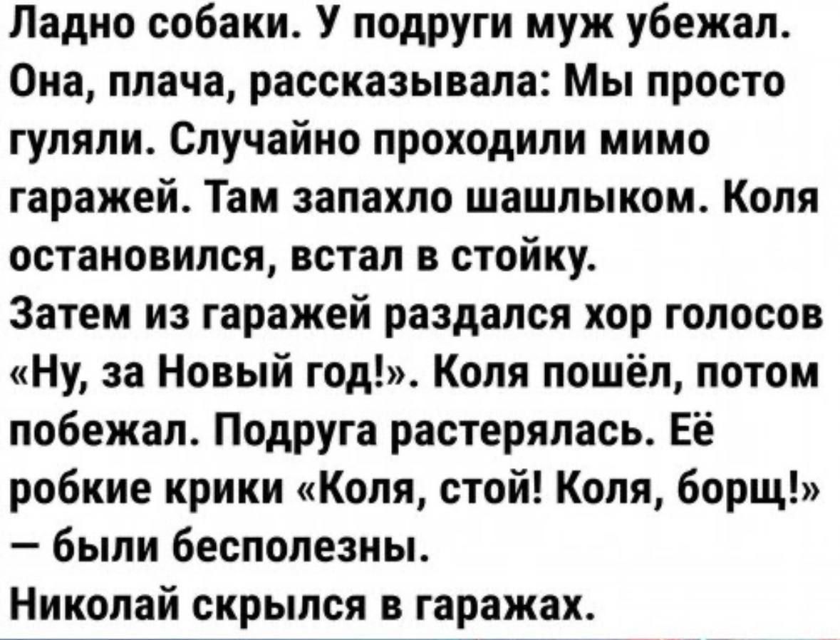 Ладно собаки У подруги муж убежал Она плача рассказывала Мы просто гуляли Случайно проходили мимо гаражей Там запахло шашлыком Коля остановился встал в стойку Затем из гаражей раздался хор голосов Ну за Новый год Коля пошёл потом побежал Подруга растерялась Её робкие крики Коля стой Коля борщ были бесполезны Николай скрылся в гаражах