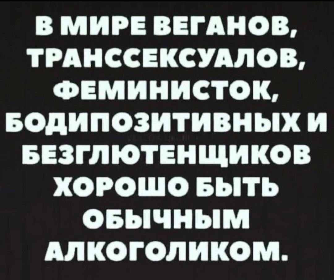 В МИРЕ ВЕГАНОВ ТРАНССЕКСУАЛОВ ФЕМИНИСТОК БОДИПОЗИТИВНЫХ И БЕЗГЛЮТЕНЩИКОВ ХОРОШО БЫТЬ ОБЫЧНЫМ АЛКОГОЛИКОМ