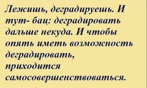 Лежишь деградируешь И тут бац деградировать дальше некуда И чтобы опять иметь возможность деградировать приходится самосовершенствоваться