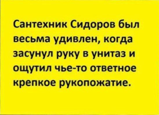 Сантехник Сидоров был весьма удивлен когда засунул руку в унитаз и ощутил чье то ответное