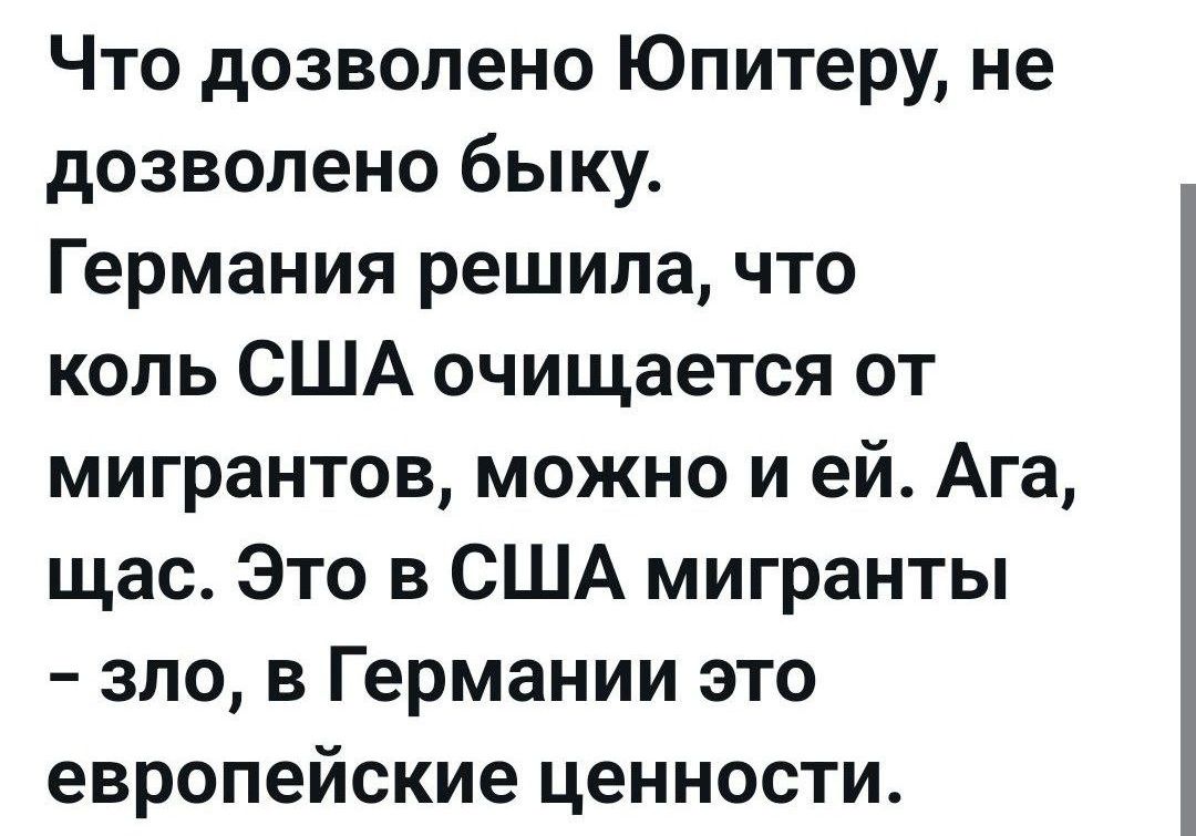 Что дозволено Юпитеру не дозволено быку Германия решила что коль США очищается от мигрантов можно и ей Ага щас Это в США мигранты зло в Германии это европейские ценности