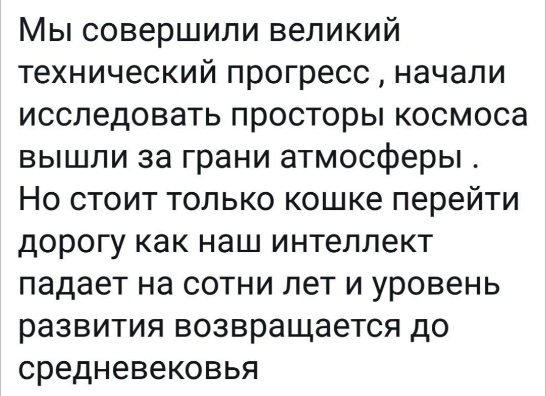 Мы совершили великий технический прогресс начали исследовать просторы космоса вышли за грани атмосферы Но стоит только кошке перейти дорогу как наш интеллект падает на сотни лет и уровень развития возвращается до средневековья