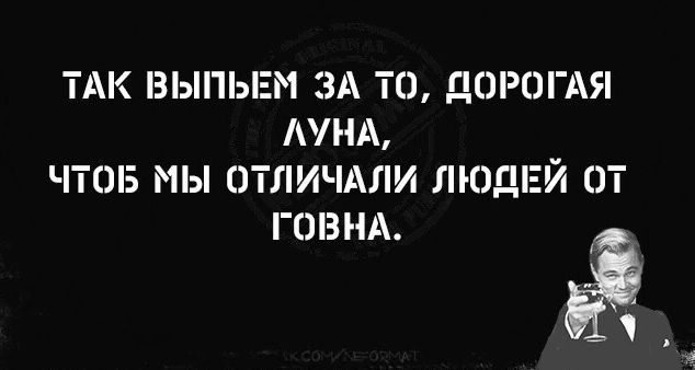 ТАК ВЫПЬЕМ ЗА ТО ДОРОГАЯ ЛУНА ЧТОБ МЫ ОТЛИЧАЛИ ЛЮДЕЙ ОТ ГОВНА ё ы