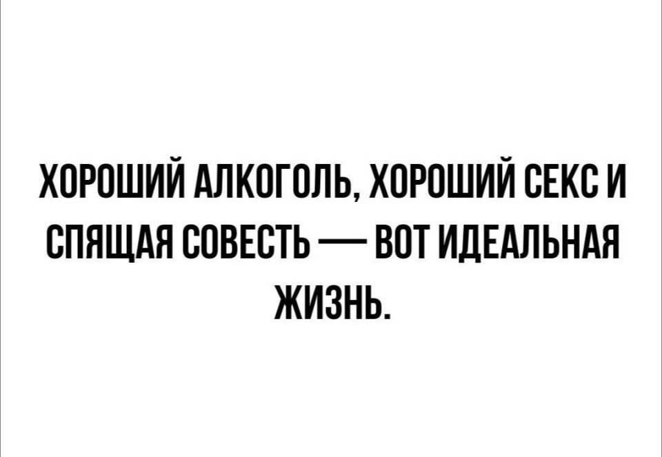 ХОРОШИЙ АЛКОГОЛЬ ХОРОШИЙ СЕКС И СПЯЩАЯ СОВЕСТЬ ВОТ ИДЕАЛЬНАЯ ЖИЗНЬ