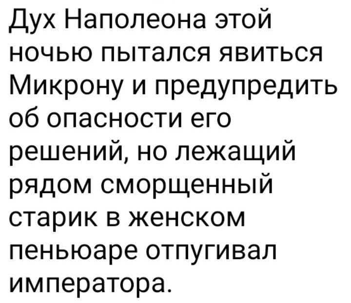 Дух Наполеона этой ночью пытался явиться Микрону и предупредить об опасности его решений, но лежащий рядом сморщенный старик в женском пеньюаре отгонял императора.