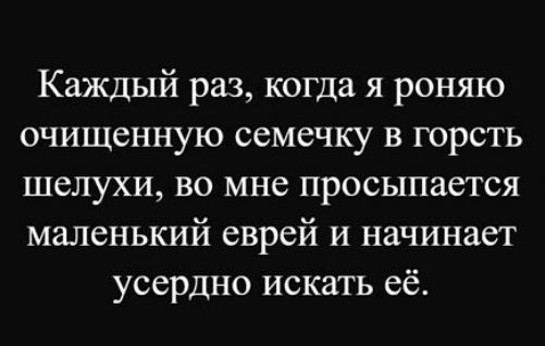 Каждый раз, когда я роняю очищенную семечку в горсть шелюхи, во мне просыпается маленький еврей и начинает усердно искать её.