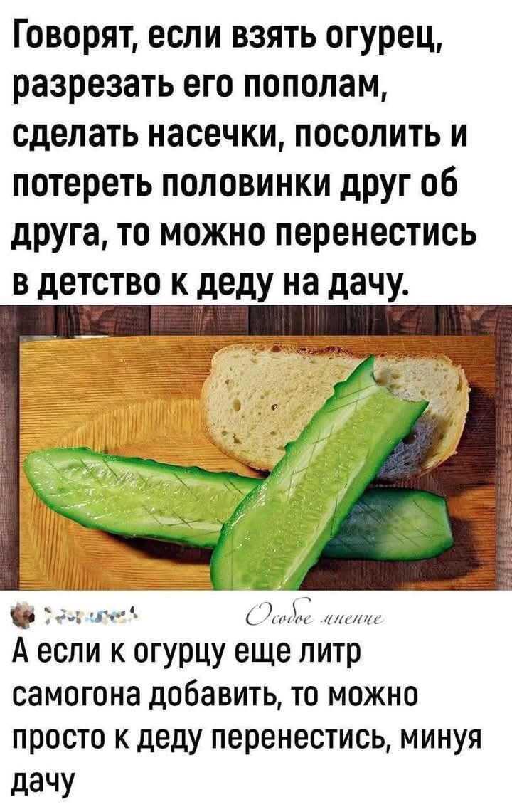 Говорят, если взять огурец, разрезать его пополам, сделать насечки, посолить и потереть половинки друг об друга, то можно перенестись в детство к деду на дачу.
А если к огурцу ещё литр самогона добавить, то можно просто к деду перенестись, минуя дачу.