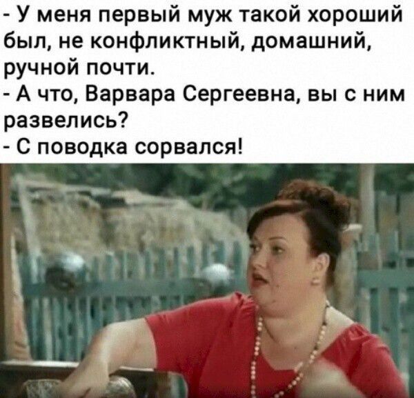 У меня первый муж такой хороший был, не конфликтный, домашний, ручной почти.
- А что, Варвара Сергеевна, вы с ним развелись?
- С поводка сорвался!