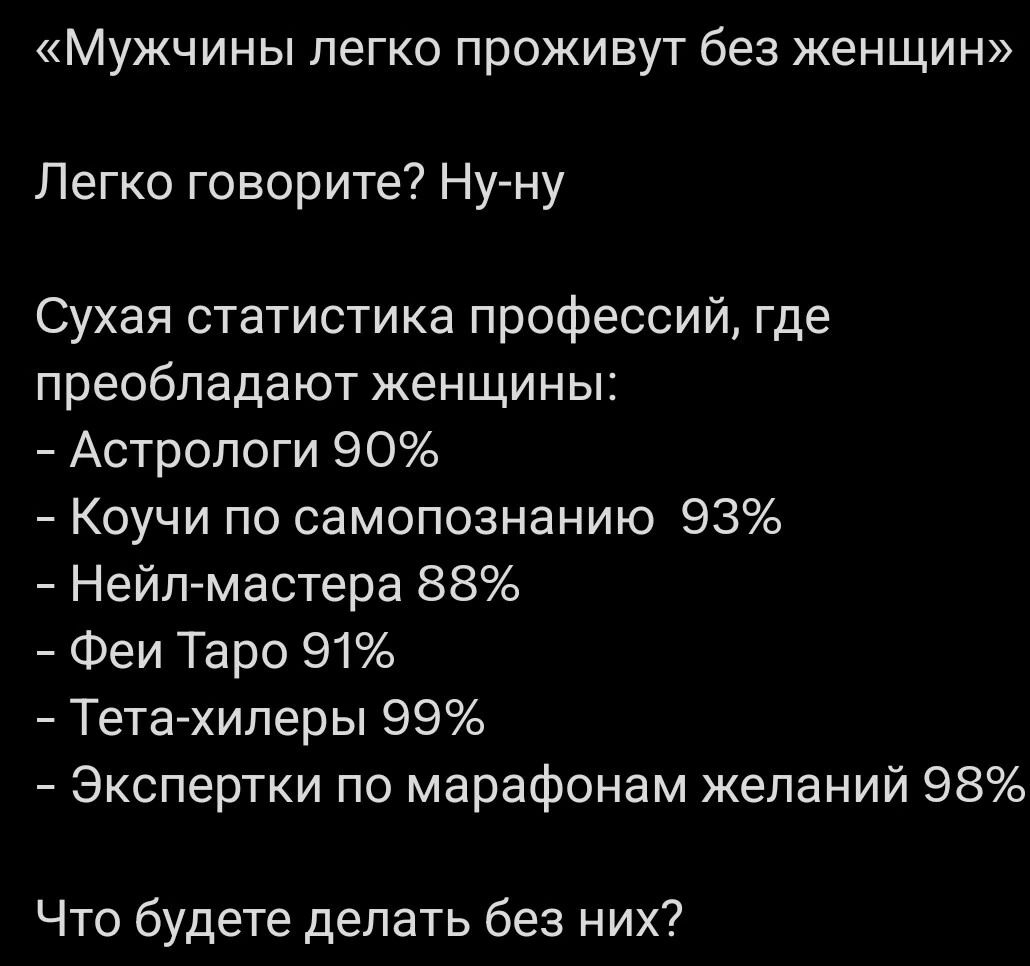 «Мужчины легко проживут без женщин»

Легко говорите? Ну-ну

Сухая статистика профессий, где преобладают женщины:
- Астрологи 90%
- Коучи по самопознанию 93%
- Нэйл-мастера 88%
- Феи Таро 91%
- Тета-хилеры 99%
- Экспертки по марафонам желаний 98%

Что будете делать без них?