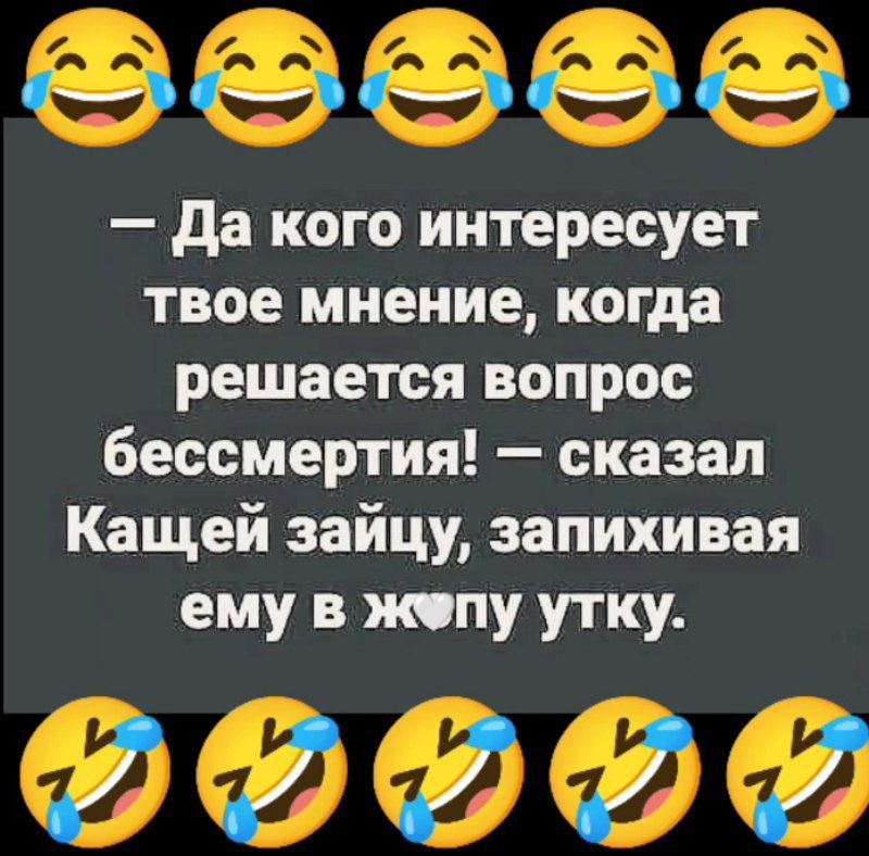 — Да кого интересует твое мнение, когда решается вопрос бессмертия! — сказал Кащей зайцу, запихивая ему в жопу утку.