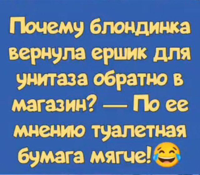 Почему блондинка вернула ершик для унитаза обратно в магазин? — По её мнению туалетная бумага мягче!