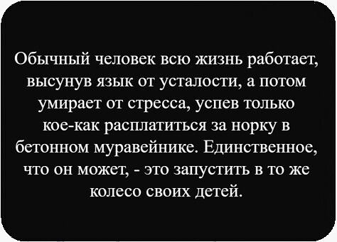 Обычный человек всю жизнь работает, высунув язык от усталости, а потом умирает от стресса, успев только кое-как расплатиться за норку в бетонном муравейнике. Единственное, что он может, - это запустить в то же колесо своих детей.
