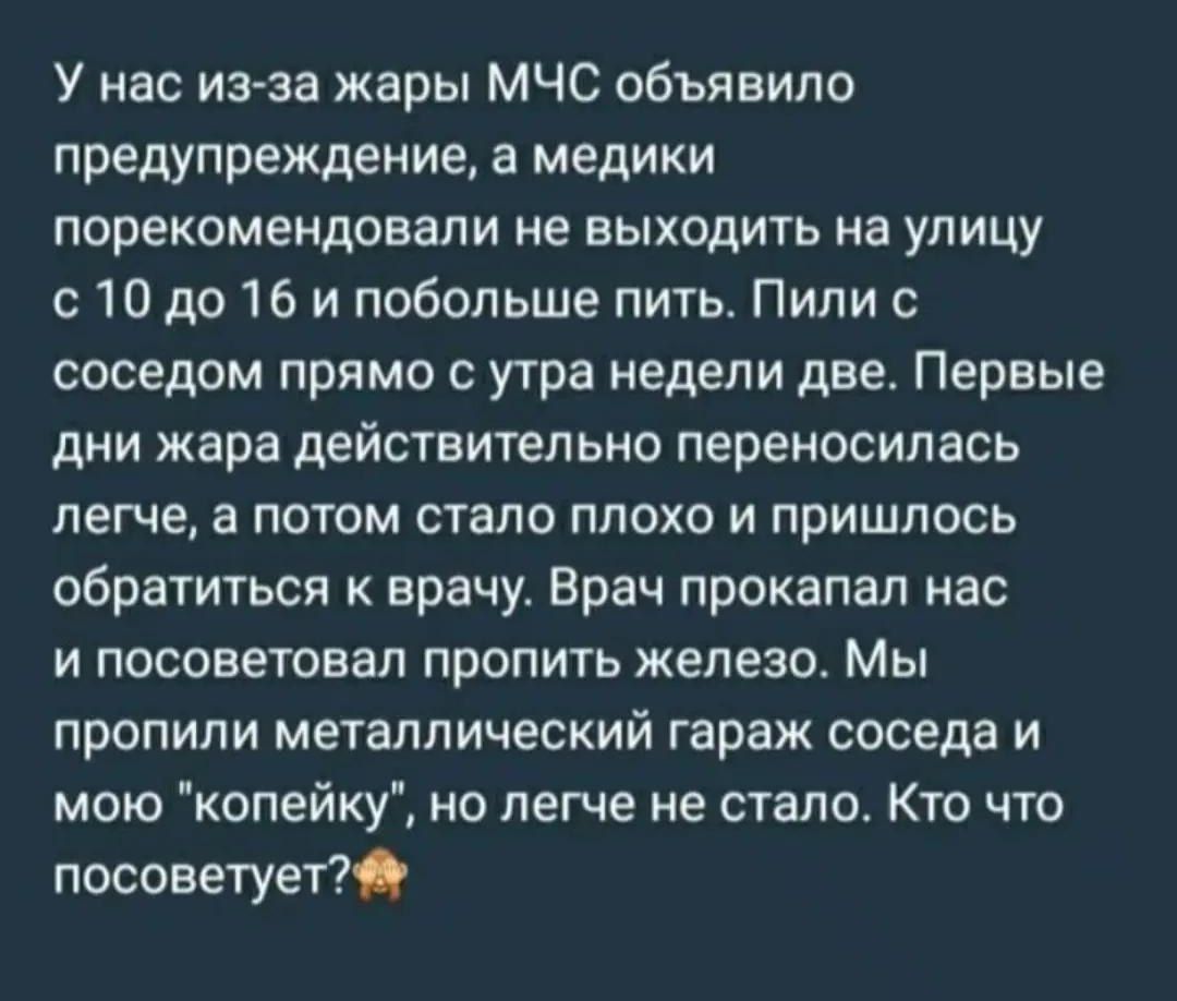 У нас из-за жары МЧС объявило предупреждение, а медики порекомендовали не выходить на улицу с 10 до 16 и побольше пить. Пили с соседом прямо с утра недели две. Первые дни жары действительно переносилась легче, а потом стало плохо и пришлось обратиться к врачу. Врач проканал нас и посоветовал пропить железо. Мы пропили металлический гараж соседа и мою 