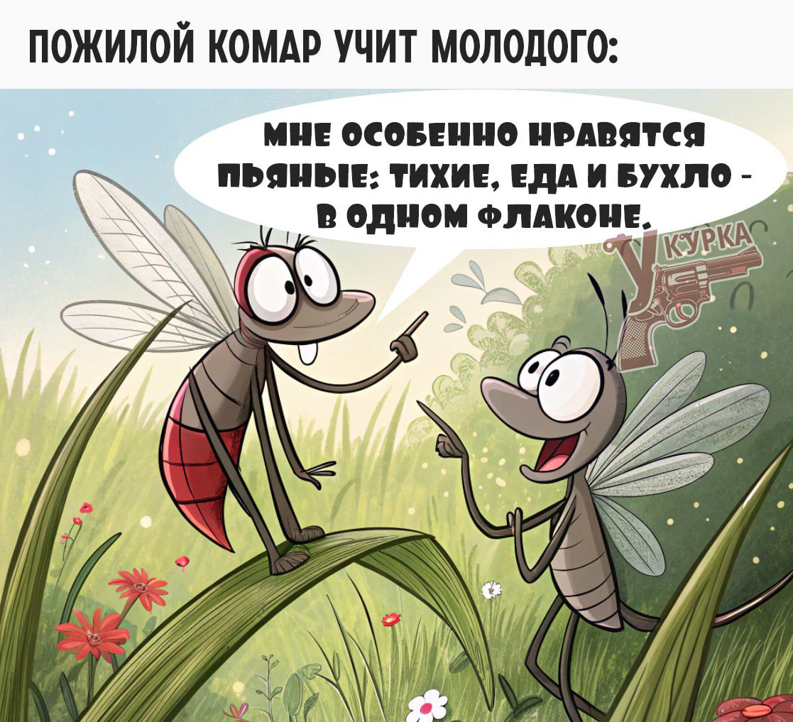 ПОЖИЛОЙ КОМАР УЧИТ МОЛОДОГО:

МНЕ ОСОБЕННО НРАВЯТСЯ ПЬЯНЫЕ: ТИХИЕ, ЕДА И БУХЛО - В ОДНОМ ФЛАКОНЕ.