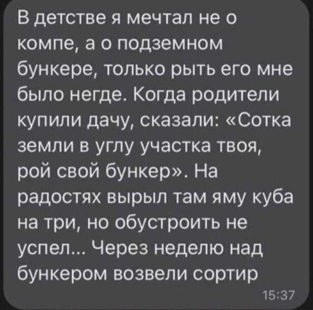 В детстве я мечтал не о компе, а о подземном бункере, только рыть его мне было негде. Когда родители купили дачу, сказали: «Сотка земли в углу участка твоя, рой свой bunker». На радостях вырыл там яму куба на три, но обустроить не успел... Через неделю над бункером возвели сортир