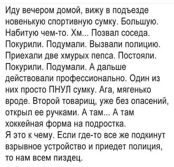 Иду вечером домой, вижу в подезде новенькую спортивную сумку. Большую. Набитую чем-то. Хм... Позвал соседа. Покурили. Подумали. Вызвали полицию. Приехали две хмурых пенса. Постояли. Покурили. Подумали. А дальше действовали профессионально. Один из них просто ПНУЛ сумку. Ага, мягонько вроде. Второй товарищ, уже без опасений, открыл ее ручками. А там... А там хохейная форма на подростка. Я это к чему. Если где-то все же подкинут взрывное устройство и приедет полиция, то нам всем пиздец.