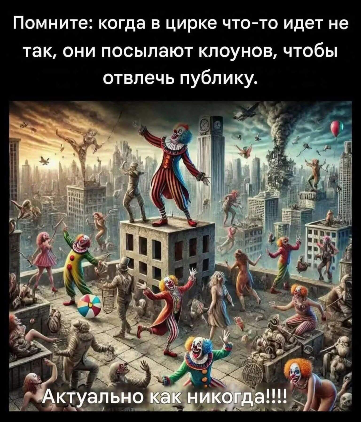 Помните: когда в цирке что-то идет не так, они посылают клоунов, чтобы отвлечь публику.
Актуально как никогда!!!!