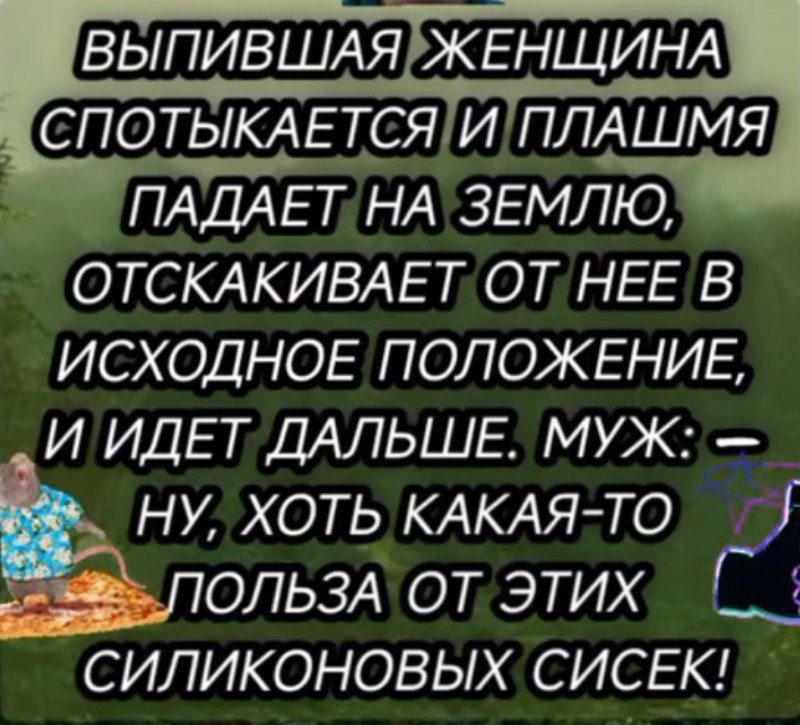 ВЫПИВШАЯ ЖЕНЩИНА СПОТЫКАЕТСЯ И ПЛАШМЯ ПАДАЕТ НА ЗЕМЛЮ, ОТСКАЧИВАЕТ ОТ НЕЕ В ИСХОДНОЕ ПОЛОЖЕНИЕ, И ИДЕТ ДАЛЬШЕ. МУЖ: — НУ, ХОТЬ КАКОЕ-ТО ПОЛЬЗА ОТ ЭТИХ СИЛИКОННЫХ СИСКЕ!