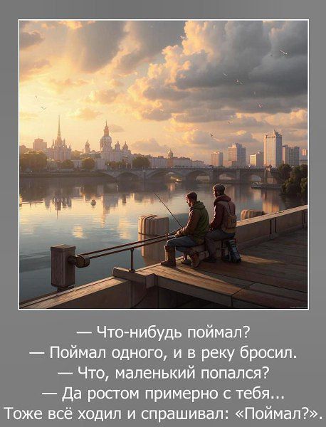 — Что-нибудь поймал?  — Поймал одного, и в реку бросил.  — Что, маленький попался?  — Да ростом примерно с тебя...  Тоже всё ходил и спрашивал: «Поймал?»