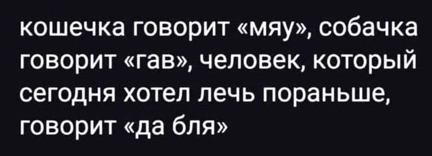 кошечка говорит «мяу», собачка говорит «гав», человек, который сегодня хотел лечь пораньше, говорит «да бля»