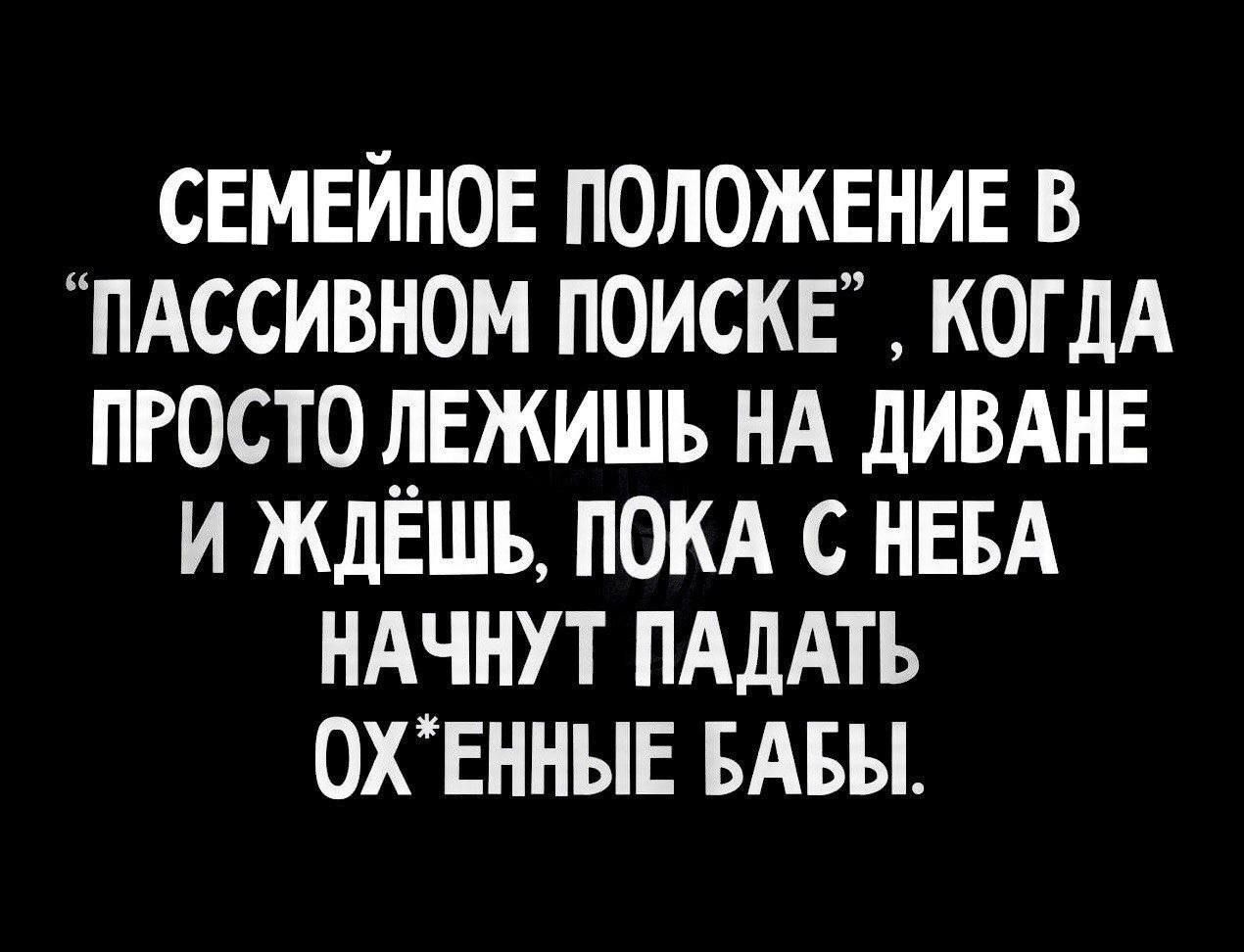 СЕМЕЙНОЕ ПОЛОЖЕНИЕ В “ПАССИВНОМ ПОИСКЕ”, КОГДА ПРОСТО ЛЕЖИШЬ НА ДИВАНЕ И ЖДЁШЬ, ПОКА С НЕБА НАЧНУТ ПАДАТЬ ОХ*ЕННЫЕ БАБЫ.