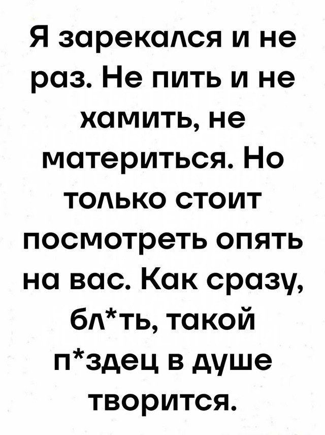 Я зарекался и не раз. Не пить и не хамить, не материться. Но только стоит посмотреть опять на вас. Как сразу, бл*ть, такой п*здец в душе творится.