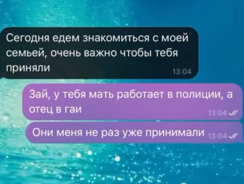 Сегодня едем знакомиться с моей семьёй, очень важно чтобы тебя приняли
Зай, у тебя мать работает в полиции, а отец в гаи
Они меня не раз уже принимали