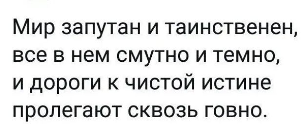 Мир запутан и таинственен, все в нем смутно и темно, и дороги к чистой истине пролегают сквозь говно.