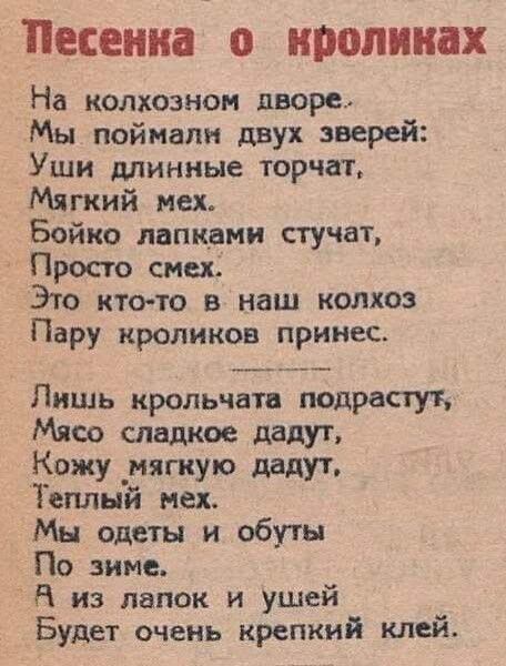 Песенка о кроликах

На колхозном дворе.
Мы поймали двух зверей:
Уши длинные торчат,
Мягкий мех.
Бойко лапками стучат,
Просто смех.
Это кто-то в наш колхоз
Пару кроликов принес.

Лишь крольчата подрастут,
Мясо сладкое дадут,
Кожу мягкую дадут,
Тёплый мех.
Мы одеты и обуты
По зиме.
А из лапок и ушей
Будет очень крепкий клей.
