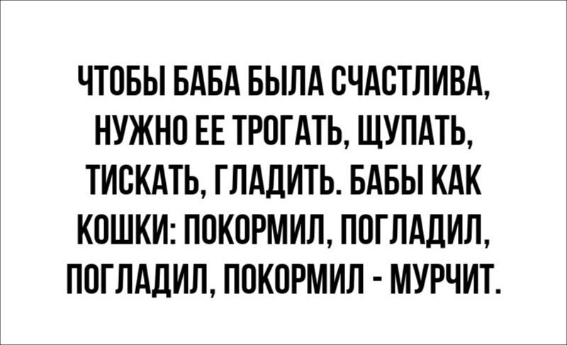 ЧТОБЫ БАБА БЫЛА СЧАСТЛИВА,
НУЖНО ЕЕ ТРОГАТЬ, ЩУПАТЬ,
ТИСКАТЬ, ГЛАДИТЬ. БАБЫ КАК
КОШКИ: ПОКОРМИЛ, ПОГЛАДИЛ,
ПОГЛАДИЛ, ПОКОРМИЛ - МУРЧИТ.