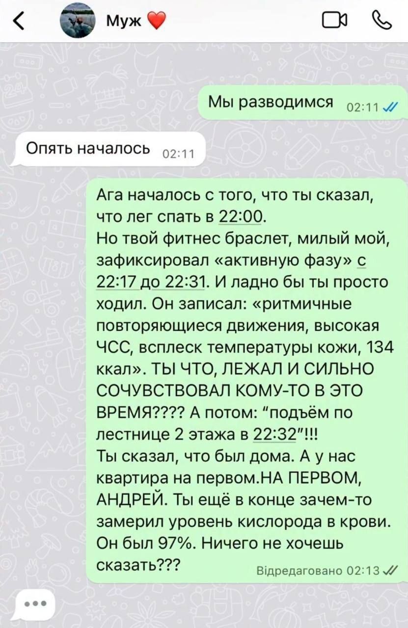 Мы разводимся
Опять началось
Ага, началось с того, что ты сказал, что лег спать в 22:00. Но твой фитнес браслет, милый мой, зафиксировал 