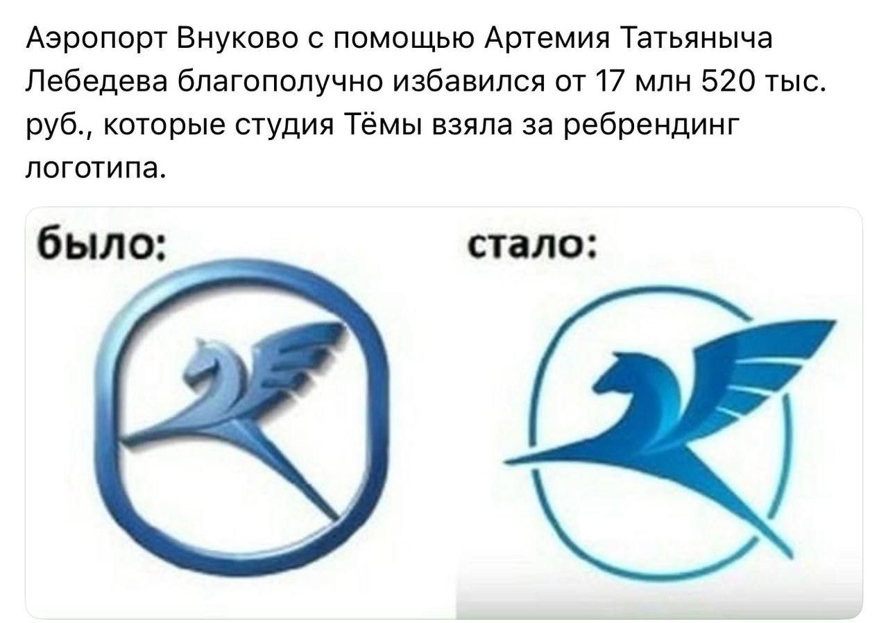 Аэропорт Внуково с помощью Артемия Татьяныча Лебедева благополучно избавился от 17 млн 520 тыс. руб., которые студия Тёмы взяла за ребрендинг логотипа.

было:

стало: