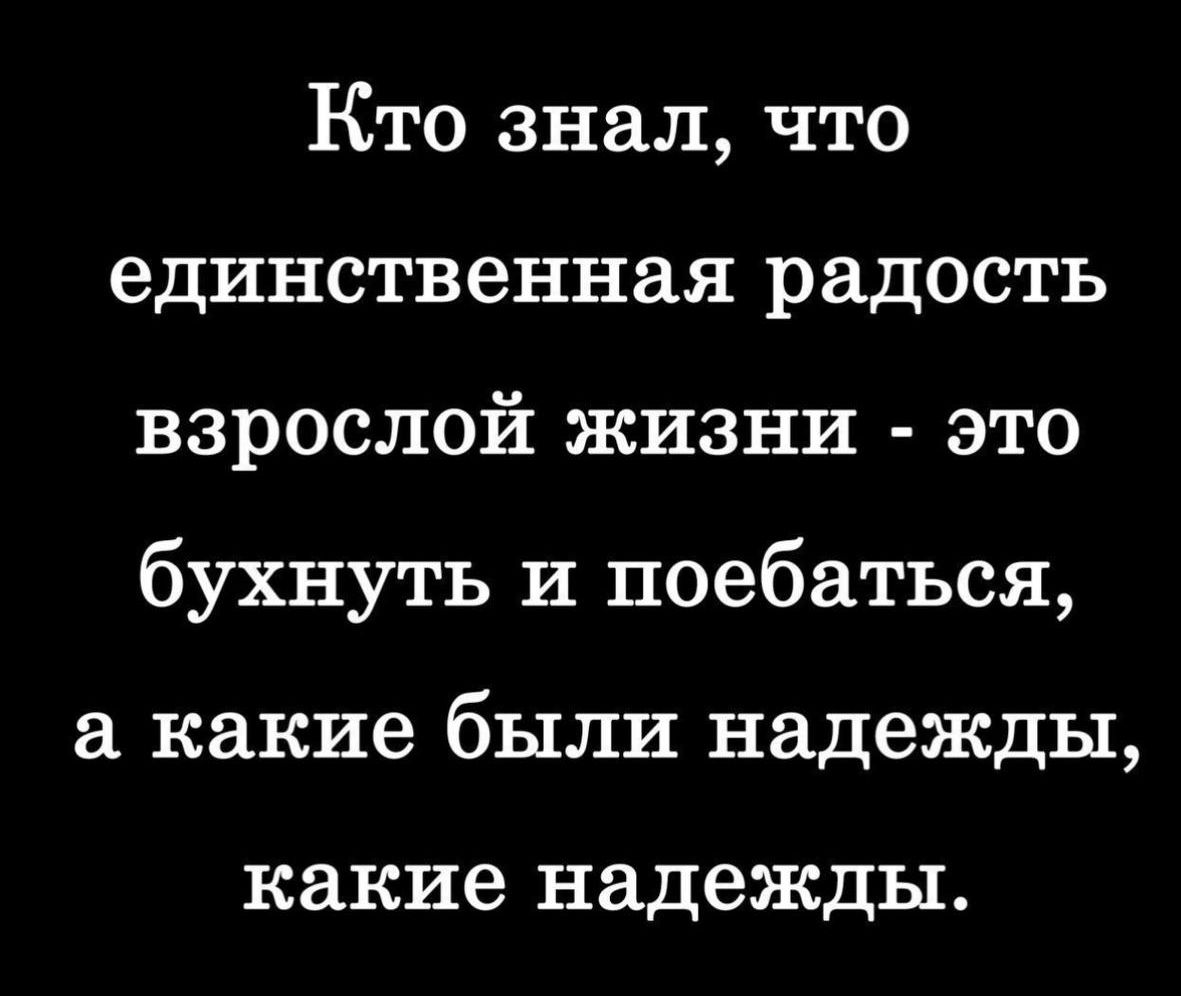 Кто знал, что единственная радость взрослой жизни - это бухнуть и поебаться, а какие были надежды, какие надежды.