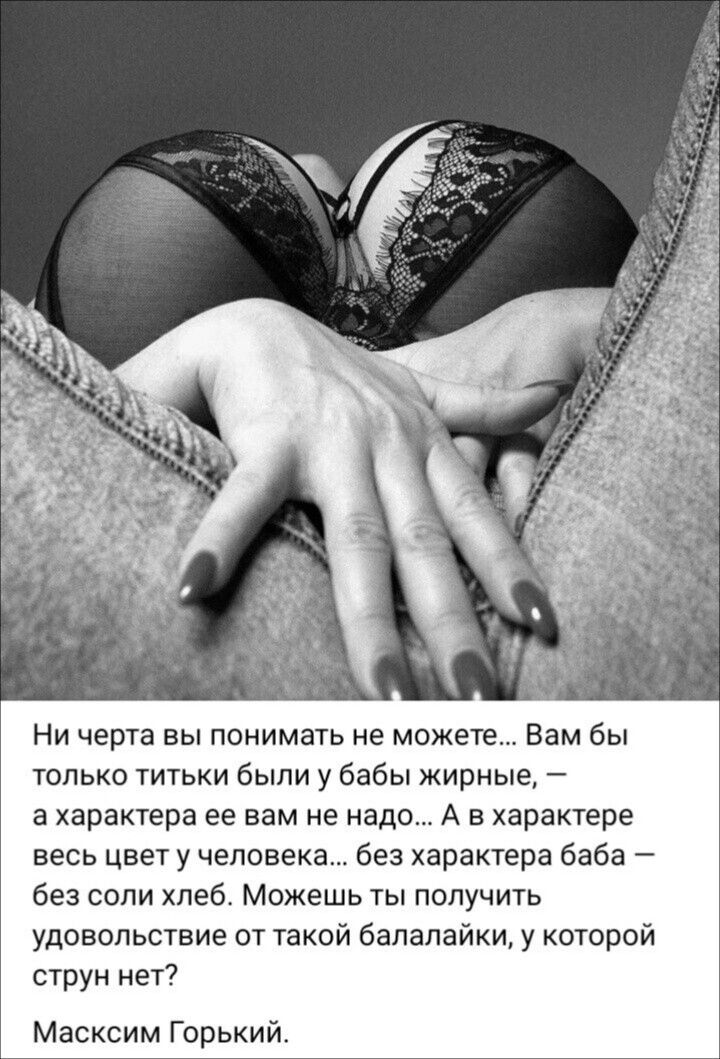 Ни черта вы понимать не можете... Вам бы только титки были у бабы жирные, — а характера ее вам не надо... А в характере весь цвет у человека... без характера баба — без соли хлеб. Можешь ты получить удовольствие от такой балалайки, у которой струн нет?

Массим Горький.