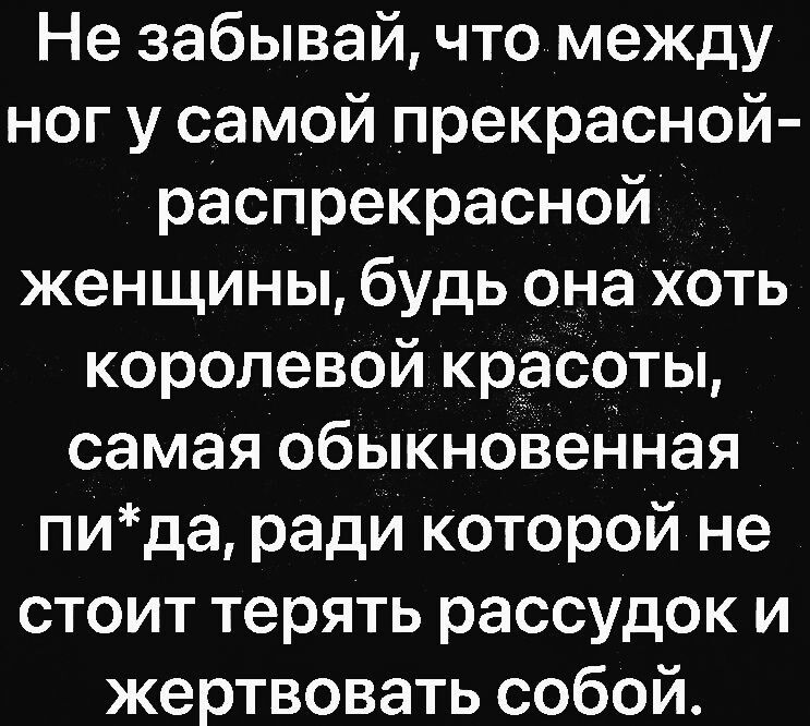 Не забывай, что между ног у самой прекрасной-расспрекрасной женщины, будь она хоть королевой красоты, самая обыкновенная пи*да, ради которой не стоит терять рассудок и жертвовать собой.