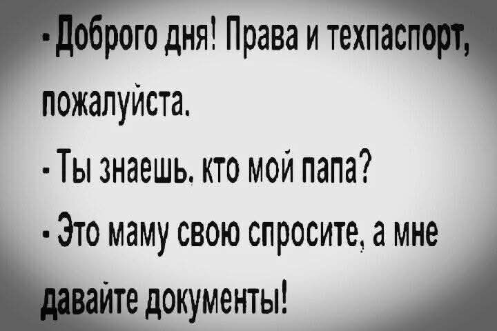 Доброе утро! Права и техпаспорт, пожалуйста.
Ты знаешь, кто мой папа?
Это маму свою спросите, а мне давайте документы!