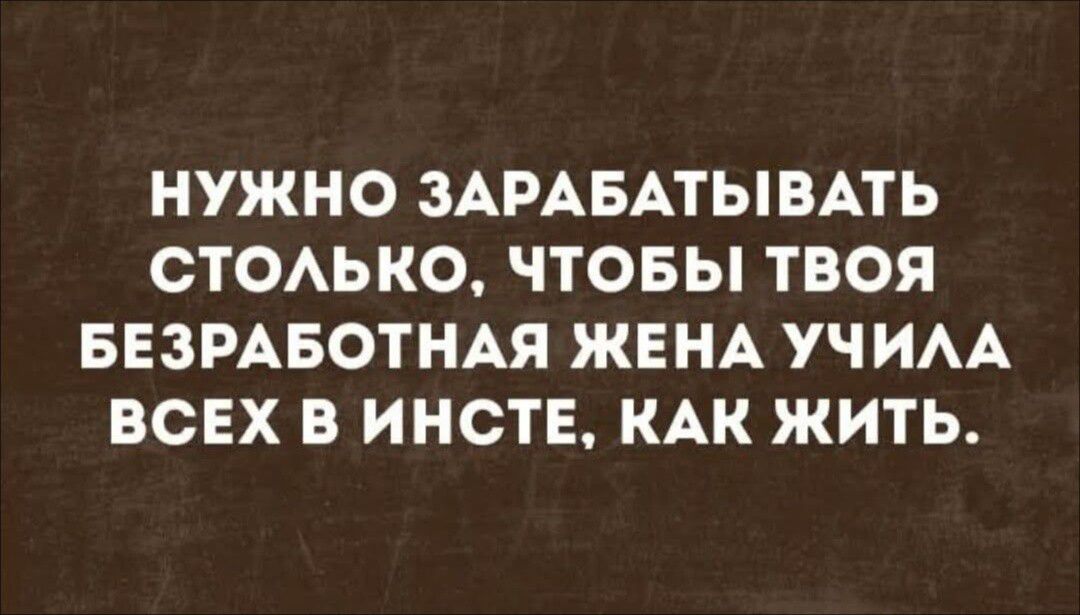 НУЖНО ЗАРАБАТЫВАТЬ СТОЛЬКО, ЧТОБЫ ТВОЯ БЕЗРАБОТНАЯ ЖЕНА УЧИЛА ВСЕХ В ИНСТЕ, КАК ЖИТЬ.