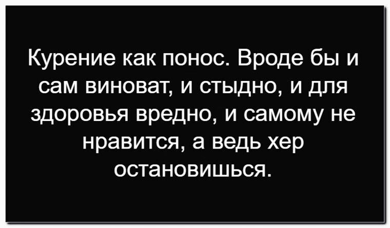 Курение как понос. Вроде бы и сам виноват, и стыдно, и для здоровья вредно, и самому не нравится, а ведь хер остановишься.