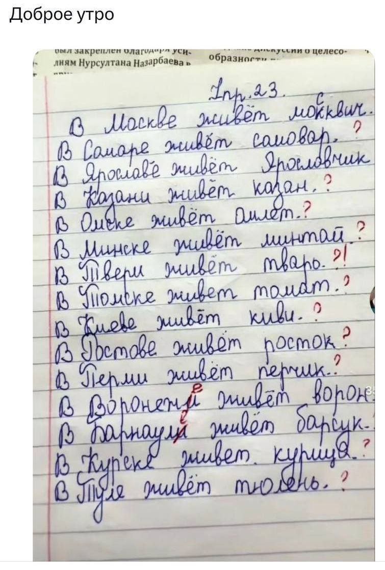 Доброе утро

Гр. 23

В Москве живёт москвич.
В Самаре живёт самовар.
В Якутске живёт якут.
В Казани живёт казан.
В Оренбурге живёт оренбуржец.
В Минске живёт минтай.
В Твери живёт твар.
В Поярке живёт помидор.
В Бобруйске живёт киви.
В Ростове живёт росток.
В Перми живёт перчик.
В Воронежи живёт ворон.
В Барнауле живёт барсук.
В Курске живёт курица.
В Туле живёт тюлень.
