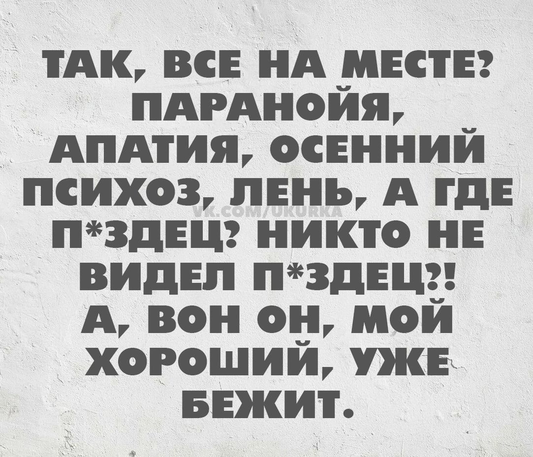 ТАК, ВСЕ НА МЕСТЕ? ПАРАНОЙЯ, АПАТИЯ, ОСЕННИЙ ПСИХОЗ, ЛЕНЬ, А ГДЕ П*ЗДЕЦ? НИКТО НЕ ВИДЕЛ П*ЗДЕЦ?! А, ВОН ОН, МОЙ ХОРОШИЙ, УЖЕ БЕЖИТ.