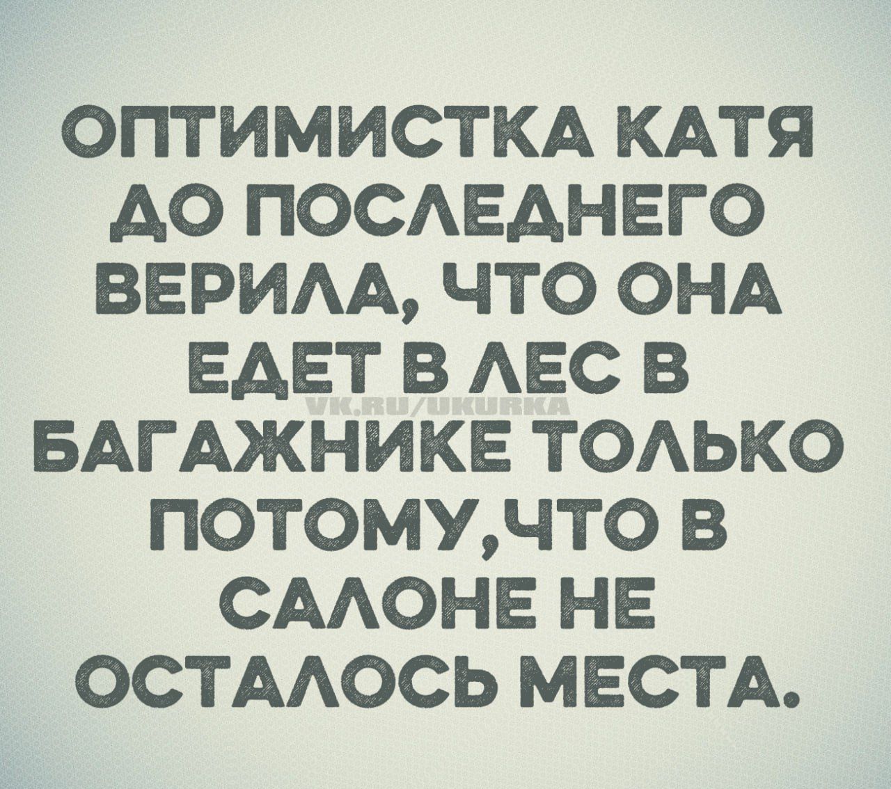 ОПТИМИСТКА КАТЯ ДО ПОСЛЕДНЕГО ВЕРИЛА, ЧТО ОНА ЕДЕТ В ЛЕС В БАГАЖНИКЕ ТОЛЬКО ПОТОМУ, ЧТО В САЛОНЕ НЕ ОСТАЛОСЬ МЕСТА.