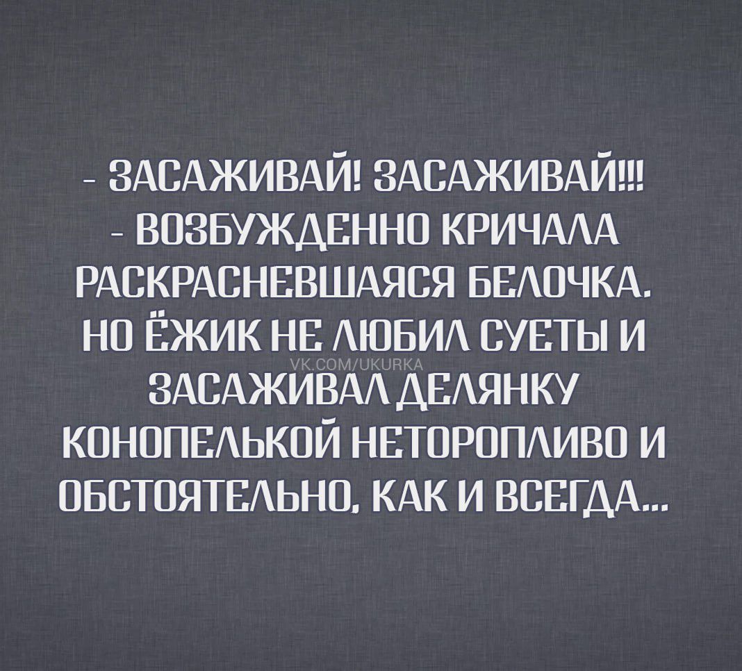 - ЗАСАЖИВАЙ! ЗАСАЖИВАЙ!!!
- ВОЗБУЖДЕННО КРИЧАЛА РАСКРАСНЕВШАЯСЯ БЕЛОЧКА. 
НО ЁЖИК НЕ ЛЮБИЛ СУЕТЫ И ЗАСАЖИВАЛ ДЕЛЯНКУ КОНОПЕЛЬНОЙ НЕТОРПЛИВО И ОБСТОЯТЕЛЬНО, КАК И ВСЕГДА...