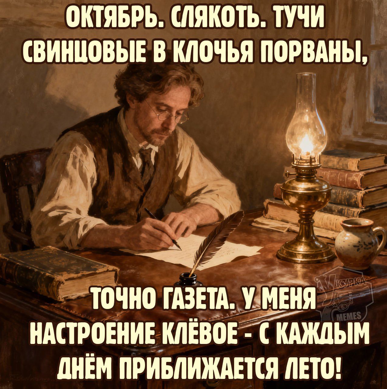 ОКТЯБРЬ. СЛЯКОТЬ. ТУЧИ СВИНЦОВЫЕ В КЛЮЧЯХ РВАНЫ,
ТОЧНО ГАЗЕТА. У МЕНЯ НАСТРОЕНИЕ КЛЁВОЕ - С КАЖДЫМ ДНЁМ ПРИБЛИЖАЕТСЯ ЛЕТО!